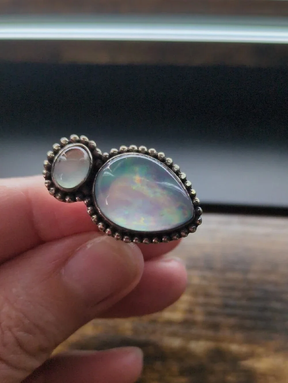 Opal Teardrop Double Stone Sterling-Style Ring in Iridescent Blue-Green